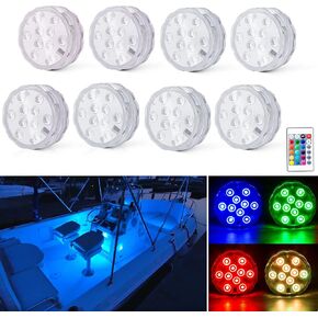 Boat Lights Wireless, Battery Powered Operated Marine Led Interior Light for Boat Deck Courtesy Light, for Fishing Pontoon Sailboat Kayak, Remote Control Multi Color Changing, RGB, 8PCS