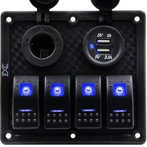 لوحة مفاتيح هزازة للقوارب البحرية المقاومة للماء من FXC، 4 عصابة مع مقبس فتحة USB مزدوج + ولاعة سجائر، ضوء LED أزرق لشاحنة السيارات والمركبات RV
