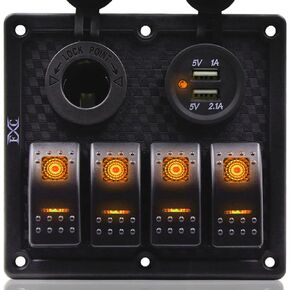 FXC Waterproof Marine Boat Rocker Switch Panel 4 Gang with Dual USB Slot Socket + Cigarette Lighter Blue LED Light for Car Rv Vehicles Truck