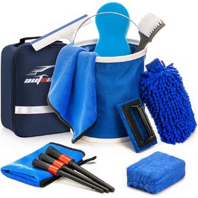 AUTODECO 12Pcs Boat Wash Cleaning Kit with Collapsible Bucket Wash Sponge Mitt Microfiber Towel Squeegee Scrub Pads Brushes Complete Interior Exterior Cleaning Set for Boat