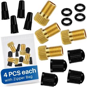 HiLo sports Presta Valve Adapter [Pack of 4 + 8 Caps] Including Valve Caps & Additional Sealing Sings - Convert Presta to Schrader - Bike Pump Adapter Set