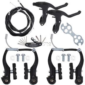 Complete V Bike Brake Set, Front and Rear Bike MTB Brake,Inner and Outer Callipers Cables Lever Kit with Calipers Levers Cables Multi-Tool Wrenches (Black)