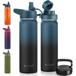 CIVAGO 22 oz Insulated Water Bottle With Straw, Stainless Steel Sports Water Flask Cup with 3 Lids (Straw, Portable Spout and Handle Lid), Double Walled Travel Thermal Canteen Mug, Indigo Black