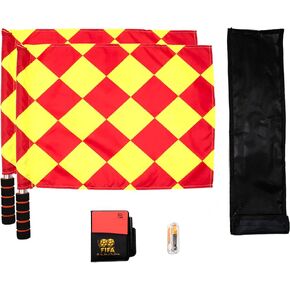Soccer Referee Flag,Checkered Linesman Flags Set with Case，Metal Pole Foam Handle water Proof，Red Yellow Cards with Notebook and Pencil,Coach Stainless Steel Whistles with Lanyard 2Pcs (Style 1)