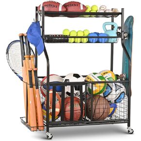 PLKOW Sports Equipment Storage for Garage, Garage Sports Equipment Organizer, Ball Storage Rack, Garage Organizer with Basket and Hooks for Toy Sports Gear Storage, Black