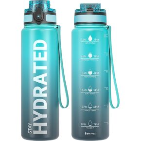 Sahara Sailor Water Bottles, 32oz Motivational Sports Water Bottle with Time Marker - Times to Drink - Tritan, BPA Free, Wide Mouth Leakproof, Fast Flow Technology with Clean Brush (1 Bottle)