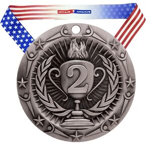 Decade Awards' Place Medals - Large Metal Award Medals with Stars & Stripes American Flag V Neck Ribbon - Perfect for School Competitions, Coaches, Students, Athletes & Scholars