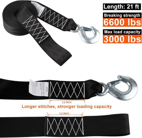 حزام ونش للقارب البحري للمقطورة مع استبدال خطاف، حزام ونش للقارب بطول 2 × 21 بوصة بسعة 6600 رطل لمركبة ATV Jetski Trailer Boat Wave Runner سحب المعدات الثقيلة باللون الأسود in Saudi Arabia