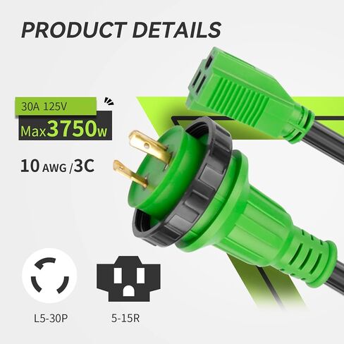 محول قارب الطاقة RVMATE Marine Shore، 30 أمبير ذكر إلى 15 أمبير أنثى 18 بوصة 10AWG/3 سلك، مخزن، أسود/أخضر in Kuwait