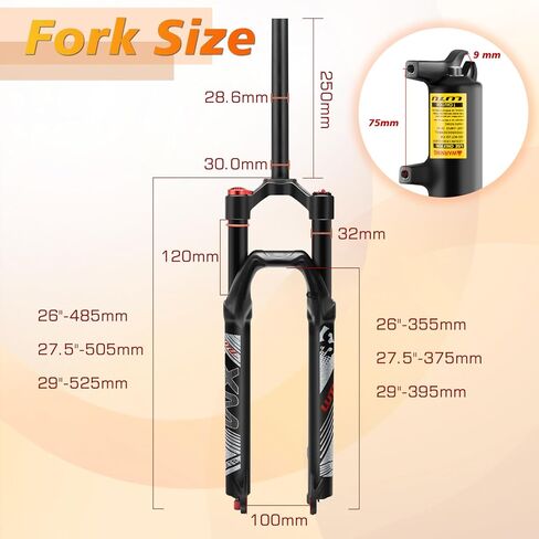 BUCKLOS LUTU 26/27.5/29 شوكة تعليق MTB الهوائية، أنبوب مستقيم قابل للضبط 28.6 مم QR 9 مم سفر 120 مم يدوي/شوكة دراجة جبلية بقفل تاج، دراجة خفيفة الوزن لصدمات الغاز XC in Kuwait