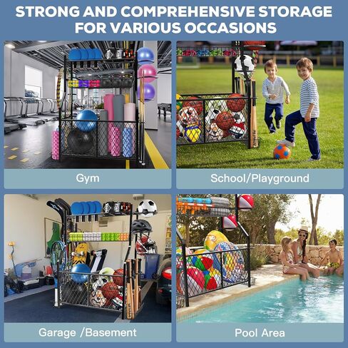 منظم تخزين المعدات الرياضية للمرآب الكبير IPOW | رف تخزين الكرة| منظم كرة المرآب| تخزين المعدات الرياضية| رفوف تخزين المرآب الجديدة مع السلال، والخطافات، ورف الخفافيش، ورف الكرة الدائري الفولاذي in Kuwait