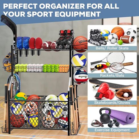 منظم تخزين المعدات الرياضية للمرآب الكبير IPOW | رف تخزين الكرة| منظم كرة المرآب| تخزين المعدات الرياضية| رفوف تخزين المرآب الجديدة مع السلال، والخطافات، ورف الخفافيش، ورف الكرة الدائري الفولاذي in Kuwait