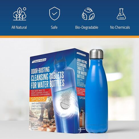 أقراص تنظيف زجاجات المياه - (30 قرصًا) جميع المكونات الطبيعية، رائعة لجميع حاويات الشرب المصنوعة من الفولاذ المقاوم للصدأ والبلاستيك والسيراميك والزجاج، معبأة بشكل فردي (1) in Kuwait