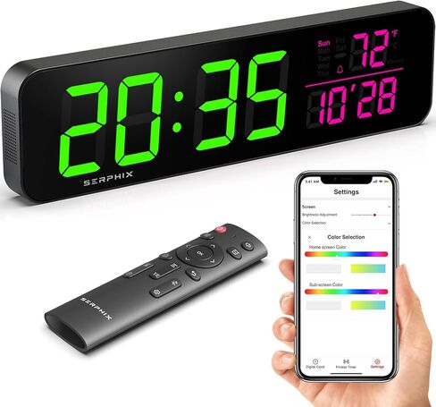 مؤقت الصالة الرياضية مقاس 15.2 بوصة من SERPHIX، التطبيق وجهاز التحكم عن بعد، تخصيص لون LED، موجه العد التنازلي الصوتي، تمرين الفاصل الزمني، Tabata، EMOM، AMRAP، العد التنازلي، ساعة التوقف، ساعة حائط رقمية كبيرة لصالة الألعاب الرياضية المنزلية in Kuwait