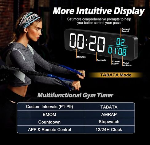 مؤقت الصالة الرياضية مقاس 15.2 بوصة من SERPHIX، التطبيق وجهاز التحكم عن بعد، تخصيص لون LED، موجه العد التنازلي الصوتي، تمرين الفاصل الزمني، Tabata، EMOM، AMRAP، العد التنازلي، ساعة التوقف، ساعة حائط رقمية كبيرة لصالة الألعاب الرياضية المنزلية in Kuwait