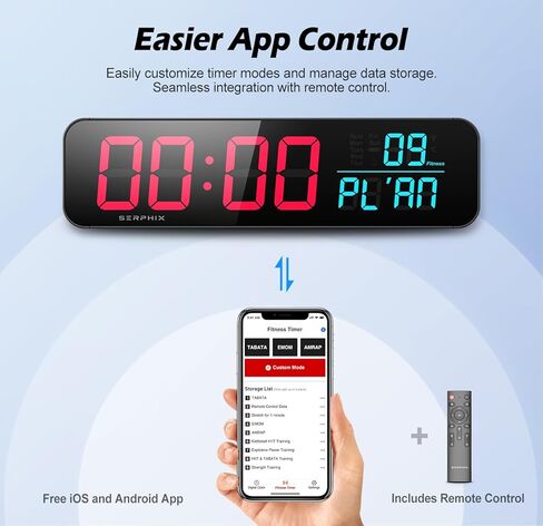 مؤقت الصالة الرياضية مقاس 15.2 بوصة من SERPHIX، التطبيق وجهاز التحكم عن بعد، تخصيص لون LED، موجه العد التنازلي الصوتي، تمرين الفاصل الزمني، Tabata، EMOM، AMRAP، العد التنازلي، ساعة التوقف، ساعة حائط رقمية كبيرة لصالة الألعاب الرياضية المنزلية in Kuwait