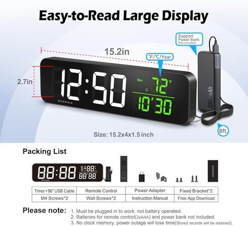 مؤقت الصالة الرياضية مقاس 15.2 بوصة من SERPHIX، التطبيق وجهاز التحكم عن بعد، تخصيص لون LED، موجه العد التنازلي الصوتي، تمرين الفاصل الزمني، Tabata، EMOM، AMRAP، العد التنازلي، ساعة التوقف، ساعة حائط رقمية كبيرة لصالة الألعاب الرياضية المنزلية in Kuwait