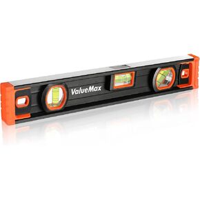 ValueMax 16-Inch Torpedo Level, Magnetic Leveler Tool with 3 High-visibility Bubbles 45°/90°/180°, Overhead Viewing Window, Rubber Endcaps, Aluminium Body, Bubble Level for Home Outdoor Measurements