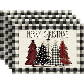 Artoid Mode Waterclor Buffalo Plaid Christmas Trees Placemats Set of 4, 12x18 Inch Winter Table Mats for Outdoor Home Party Kitchen Dining Decor