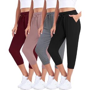 ZENEX 4-Pack Women Lightweight Capri Joggers & Drawstring Sweatpants with Pockets for Yoga Running Workout.