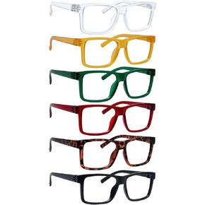 LUR Oversized Metalless Screwless Spring Hinges Reading Glasses for Men 6 Pack Large Frame Readers +1.50
