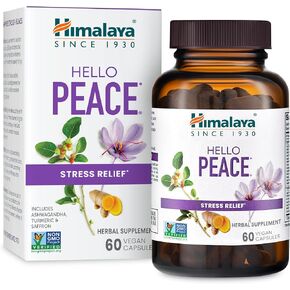 Himalaya Hello Peace, Daily Stress Relief Herbal Supplement, Ashwagandha, Turmeric, Saffron, Eases Nervousness, Relaxation and Calm, Balances Cortisol, Non-GMO, Vegan, 60 Capsules, 30 Day Supply