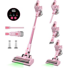 Cordless Vacuum Cleaner, 45Kpa/550W/60 Mins Runtime Stick Vac with Anti-Tangle Design, Self-Standing, LED Screen & 1.5L Dust Cup, Vacuum Cleaners for Home, Pet Hair, Carpet and Hardwood Floor, Pink