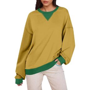 Women Color Block Oversized Sweatshirt Crewneck Long Sleeve Loose Preppy Pullover Tops