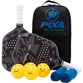 PIXA Phantom T-300 Carbon Face Set of 2 Premium Pickleball Paddles; 16mm; Performance Grip with 4 Outdoor Balls, 2 Cooling Towels and Bag; Great Gift!