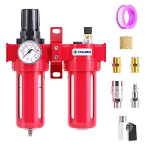 TAILONZ PNEUMATIC 0-150PSI 1/2 Inch NPT Aluminum Alloy Air Filter, Regulating + Filtering + Lubrication, Particulate Filter, Coalescing Filter, Desiccant Dryer and Air Regulator (Manual Drainage)