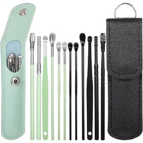 Prasacco 12 Pcs/2 Sets Earwax Removal Kit, Ear Cleaning Tool Set Ear Pick Earwax Removal Kit Stainless Steel Ear Clean Tool Safe Ear Wax Removal Tool Ear Wax Remover with PU Case (Black+Green)