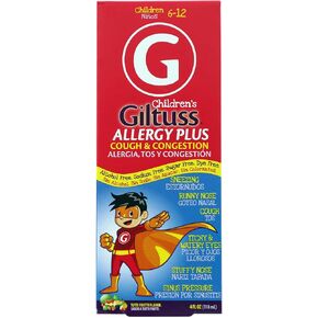 Giltuss Children's Allergy Plus, Cough and Congestion Syrup, Helps to Relieve Stuffy Nose, Sinus Pressure, Alcohol-Free, Sugar-Free, Tutti Frutti Flavor, 4 Fl Oz Bottle.
