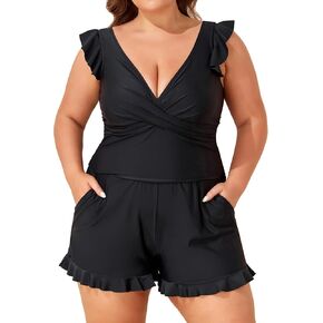 Smismivo Swim Romper Plus Size Swimsuit Full Coverage Bathing Suit with Built in Bra and Pockets Modest Criss Cross Swimwear