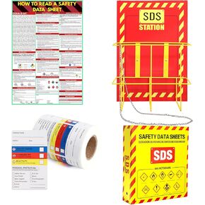 MSDS SDS Binder and Wall Station,Yellow Heavy Duty 3 Inch Material Safety Data Sheet 3 Ring Binder with SDS Wire Rack and Display Sign, Chain,Mounting Hardware,Safety Posters,MSDS Labels