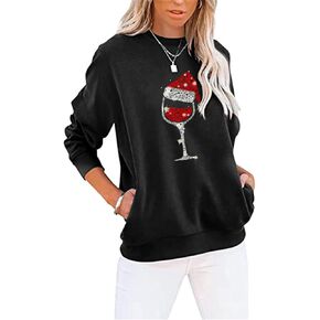 Fuyxxmer Womens Christmas Sweatshirt Red Wine Glass Santa Hat Graphic Long Sleeve Xmas Gift Pullover Tops with Pockets