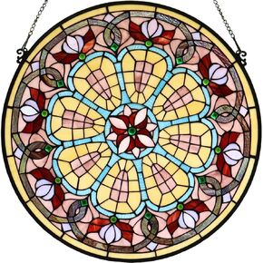 Bieye W10017 Victorian Tiffany Style Stained Glass Window Panel 22 inches Wide Round with Chain