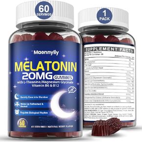 Melatonin 20mg Gummies for Adults - Sugar Free Melatonin Gummies Extra Strength with L-Theanine, Magnesium, Ashwagandha, Turmeric, D3 & Zinc - Non-Habit Forming, Supports Healthy Circadian Rhythm