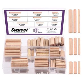 Swpeet 200Pcs 6mm 8mm 10mm Wooden Dowel Pins, Beveled Ends Tapered Pins Wood Pegs, Furniture Woodwork Grooved Fluted Pin Craft Ideal for Easy Insertion Furniture Door Crafts Projects