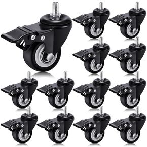 2 Inch M8 (0.315 Inch) 15 mm Threaded Caster Wheels Set of 12 Heavy Duty Stem Casters 360° Polyurethane Swivel Locking Wheels with Dual Brake, No Noise, 400 lb for Cart Desk Furniture