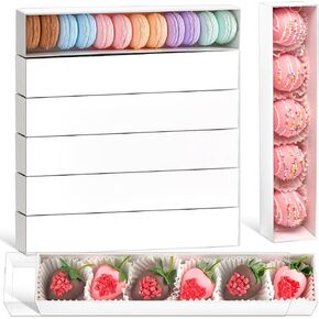 Ocmoiy 24 Pack Macaron Boxes for 12, Long Bakery Boxes with Window To Go Dessert Treat Boxes for Chocolated Covered Strawberries, Cocoa Bombs, Cake Pops, Holiday Cookies
