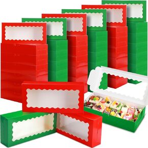 100 Pieces Chritsmas Treat Boxes Red and Green Cookie Boxes with Window 12.5 x 5.5 x 2.5 Christmas Gift Boxes Holiday Bakery Boxes Candy Containers for Christmas Party Favors
