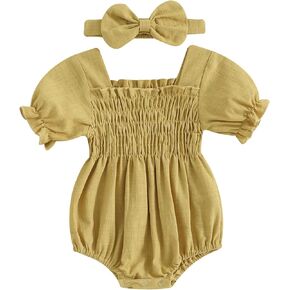 Infant Baby Girls Romper Ruffle Sleeve Pleated Smocked Bubble One Piece Ruched Jumpsuit Boho Summer Bodysuit