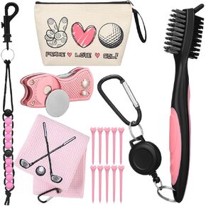 15 Pcs Pink Golf Accessories Kit, Include Golf Towel, Golf Tees, Golf Makeup Bag, Golf Divot Tool with Magnetic Ball Marker, Golf Club Brush, Golf Bead Score Counter, Golf Gifts for Women