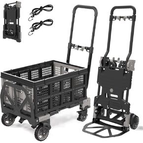 2 in 1 Folding Hand Truck Dolly with Basket*2（Four-Wheeled Flatbed Truck 330 LBS,Two-Wheeled cart 220LBS） Folding Dolly Cart with Wheels,Folding Hand Truck Dolly Cart