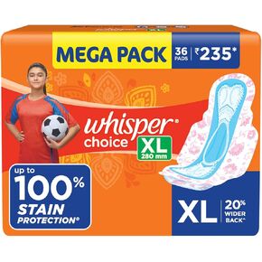 Whisper Choice Sanitary Pads, 36 XL Pads, Upto 100% Stain Protection All Day, Longer Length for Better Coverage, 20% Wider Back, Dry Top Sheet, with Wings