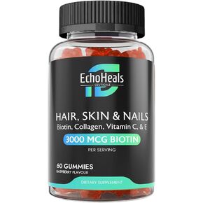 Hair, Skin & Nail Gummies | Biotin Collagen Vitamin C & E Supplement | 3000mcg Biotin | Raspberry Flavored | 60 Gummies