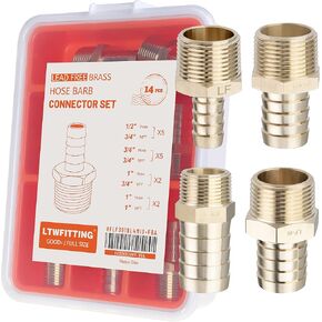 LTWFITTING Assortment Kit Hose ID (1/2-Inch to 1-Inch) x (3/4-Inch, 1-Inch) NPT Male Brass Hose Barb Connector Set for Water (Pack of 14)