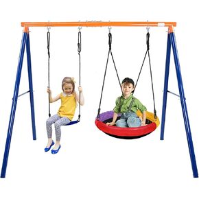 2 in 1 Swing Set for Kids Outdoor Swing Set 500LBS 1 Saucer Swing Seat and 1 Belt Swing Seat Heavy Duty Swing Set for Playground Backyard Playset