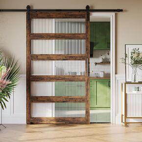 Bestier 48in x 84in Glass Barn Door with 8ft Sliding Barn Door Hardware Kit & Handles, MDF Sliding Door Covered with Water-Proof & Scratch-Resistant PVC Surface, Easy Assembly, 5-Panel, White