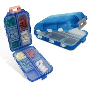 Travel Pill Box – Travel Pill Organizer – Compact Portable Pill Case with 10 Compartments – Pill Case for Purse, Pocket – Durable Daily Pill Organizer for Vitamins, Supplements